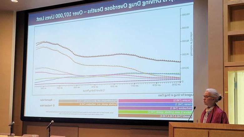 Yngvild Olsen, 一个女人，穿着粉红色的夹克和带图案的衬衫，头发灰白, presents at the CSUA annual conference.